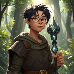 A young Asian male character with tanned skin, straight hair, and round glasses, dressed in fantasy attire inspired by Dungeons & Dragons