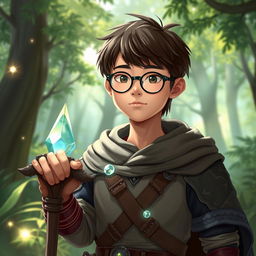 A young Asian male character with tanned skin, straight hair, and round glasses, dressed in fantasy attire inspired by Dungeons & Dragons