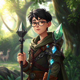 A young Asian male character with tanned skin, straight hair, and round glasses, dressed in fantasy attire inspired by Dungeons & Dragons