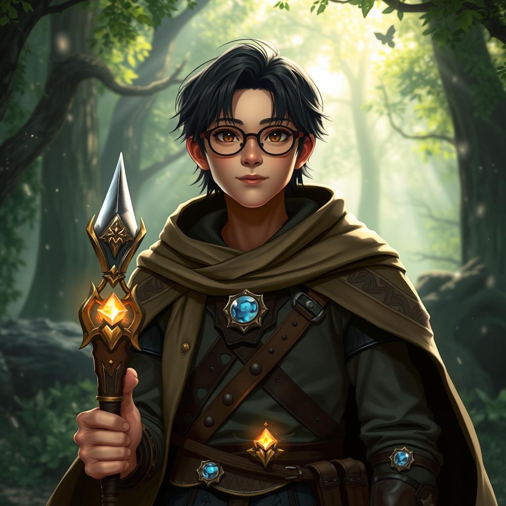 A young Asian male character with darker tanned skin, straight hair, and round glasses, dressed in fantasy attire inspired by Dungeons & Dragons