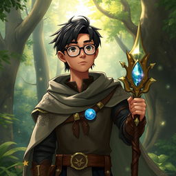 A young Asian male character with darker tanned skin, straight hair, and round glasses, dressed in fantasy attire inspired by Dungeons & Dragons