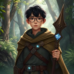 A young Asian male character with darker tanned skin, straight hair, and round glasses, dressed in fantasy attire inspired by Dungeons & Dragons