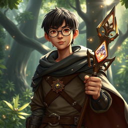 A young Asian male character with darker tanned skin, straight hair, and round glasses, dressed in fantasy attire inspired by Dungeons & Dragons