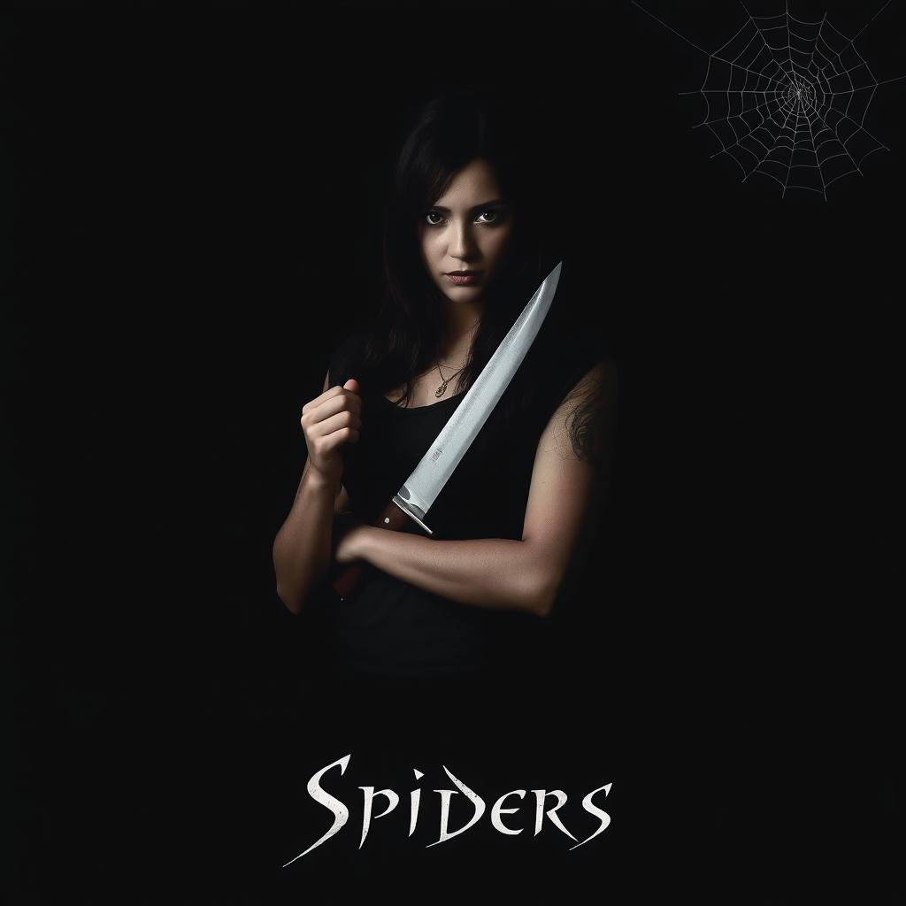 A dark movie poster featuring a young woman with dark hair resembling Ana de Armas, holding a knife confidently