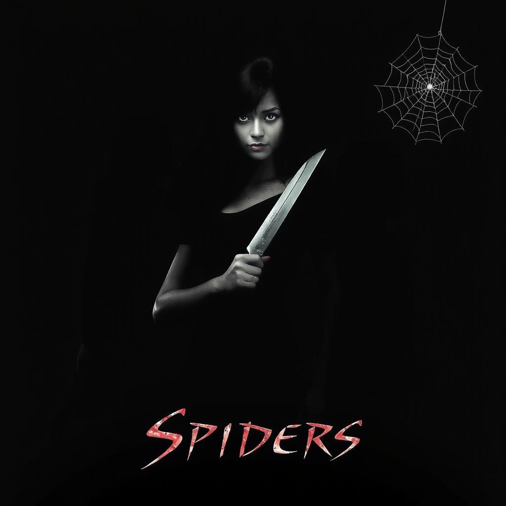 A dark movie poster featuring a young woman with dark hair resembling Ana de Armas, holding a knife confidently