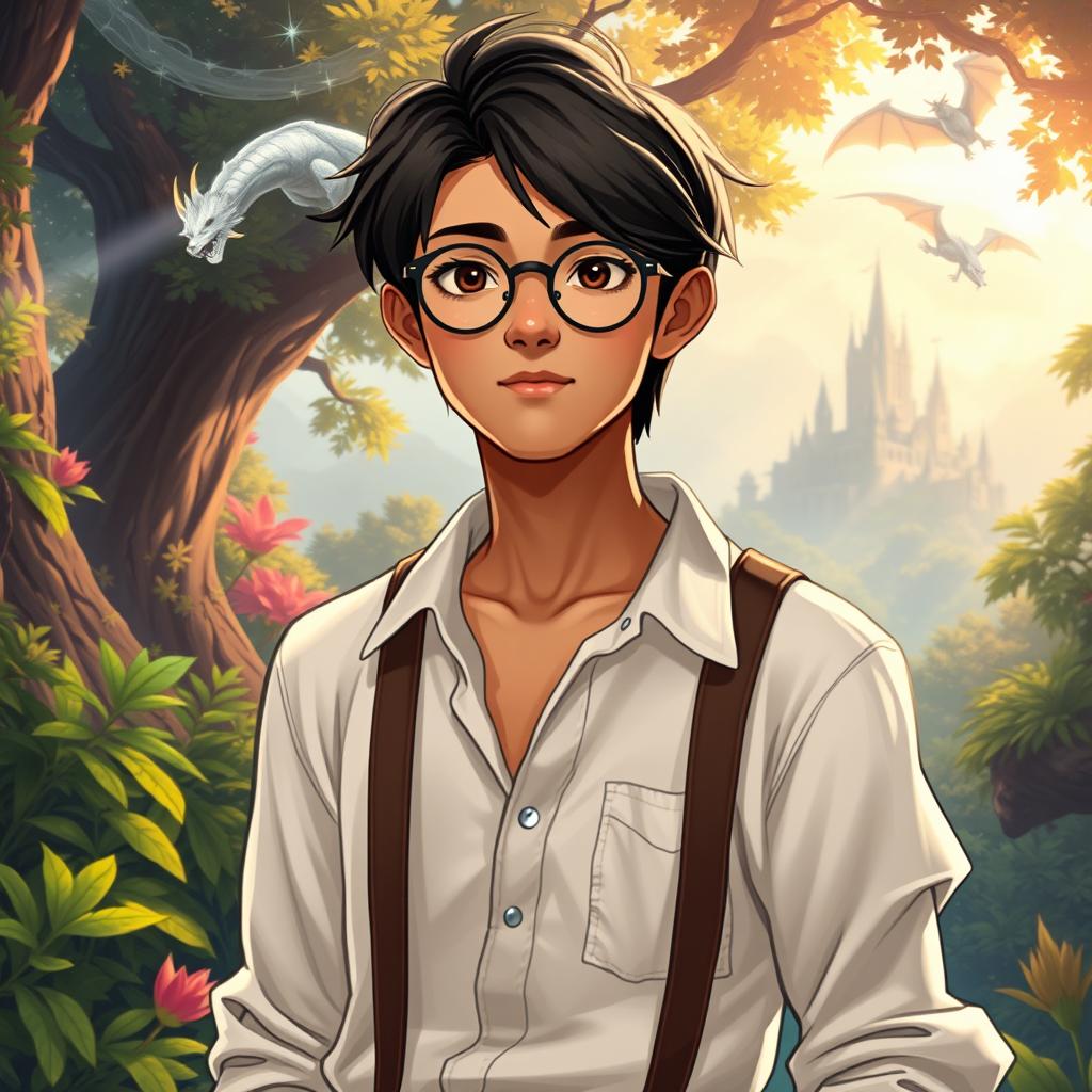 A young Asian male character, around 22 years old, with deeper tanned skin, straight hair, and round glasses