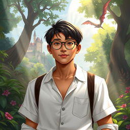 A young Asian male character, around 22 years old, with deeper tanned skin, straight hair, and round glasses