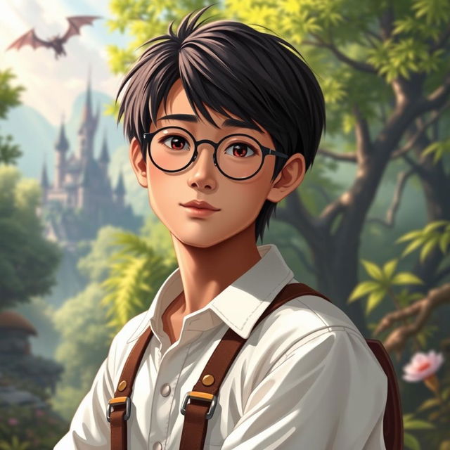 A young Asian male character, around 22 years old, with deeper tanned skin, straight hair, and round glasses