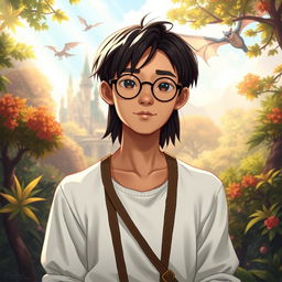 A young Asian male character, around 22 years old, with deeper tanned skin, straight hair, and round glasses