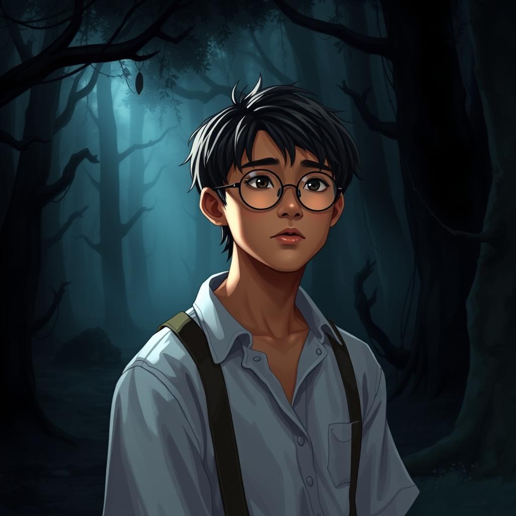 A young Asian male character around 22 years old, with even darker tanned skin, straight hair, and round glasses