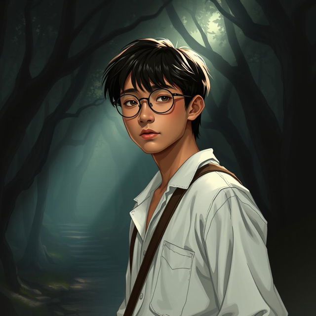 A young Asian male character around 22 years old, with even darker tanned skin, straight hair, and round glasses