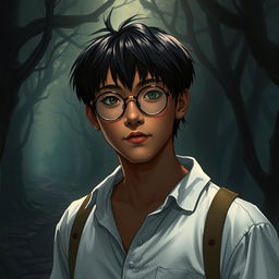 A young Asian male character around 22 years old, with even darker tanned skin, straight hair, and round glasses