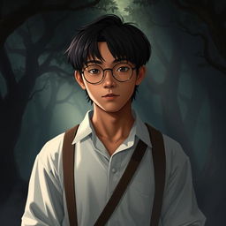 A young Asian male character around 22 years old, with even darker tanned skin, straight hair, and round glasses