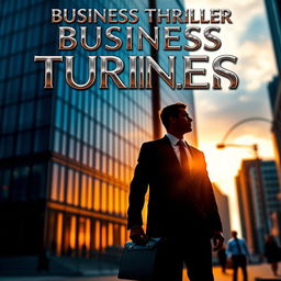 A gripping business thriller book cover featuring a sleek, modern skyscraper at sunset, with shadows playing across the glass facade