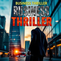 A gripping business thriller book cover featuring a sleek, modern skyscraper at sunset, with shadows playing across the glass facade