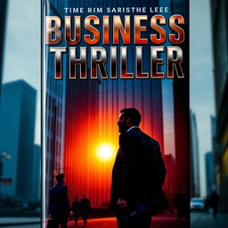 A gripping business thriller book cover featuring a sleek, modern skyscraper at sunset, with shadows playing across the glass facade