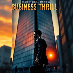 A gripping business thriller book cover featuring a sleek, modern skyscraper at sunset, with shadows playing across the glass facade