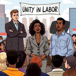 An illustration of a lively labor union meeting set in a vibrant urban environment