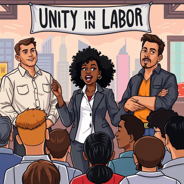 An illustration of a lively labor union meeting set in a vibrant urban environment