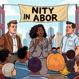 An illustration of a lively labor union meeting set in a vibrant urban environment