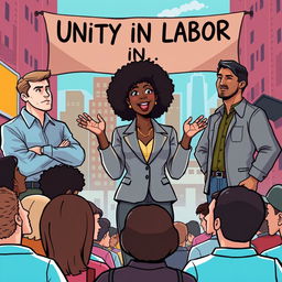 An illustration of a lively labor union meeting set in a vibrant urban environment