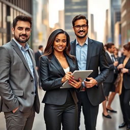 A professional business scene in a bustling city environment, showcasing two men – one Caucasian and one Hispanic – standing confidently beside a poised Black woman