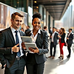 A professional business scene in a bustling city environment, showcasing two men – one Caucasian and one Hispanic – standing confidently beside a poised Black woman