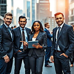 A professional business scene in a bustling city environment, showcasing two men – one Caucasian and one Hispanic – standing confidently beside a poised Black woman