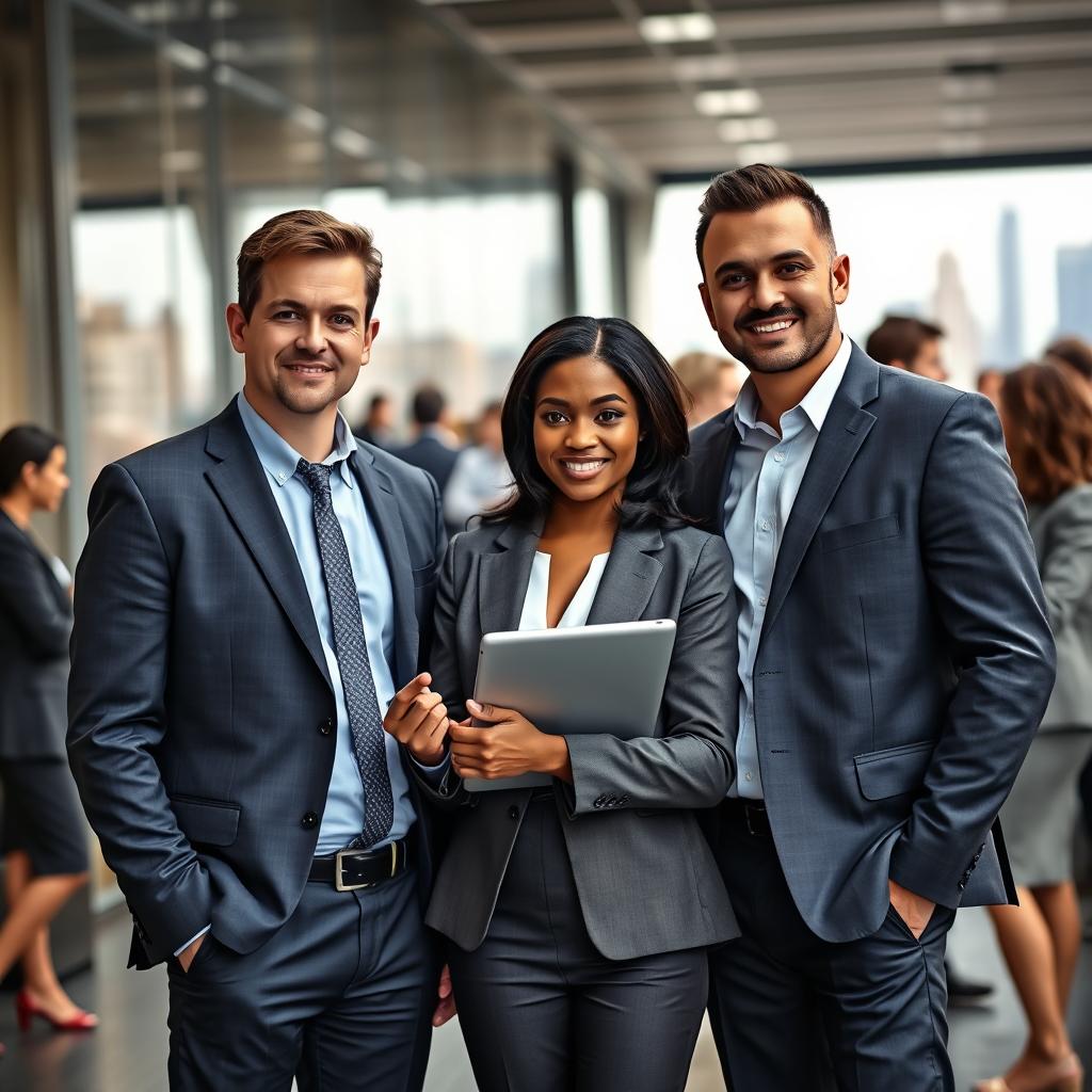 A professional business scene in a bustling city environment, showcasing two men – one Caucasian and one Hispanic – standing confidently beside a poised Black woman