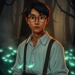 A young Asian male character around 26 years old, with deep tanned skin, straight hair, and round glasses