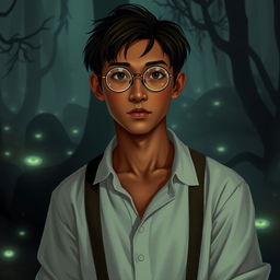 A young Asian male character around 26 years old, with deep tanned skin, straight hair, and round glasses