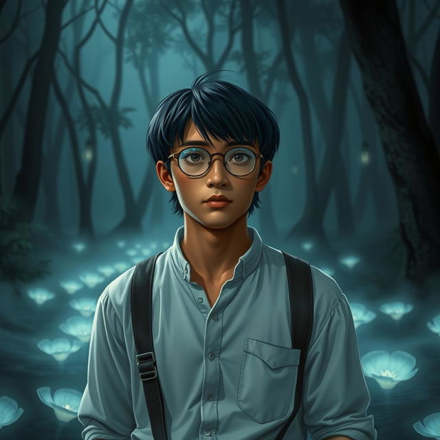 A young Asian male character around 26 years old, with deep tanned skin, straight hair, and round glasses