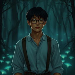 A young Asian male character around 26 years old, with deep tanned skin, straight hair, and round glasses