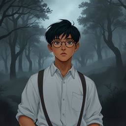 A young Asian male character around 26 years old, with notably darker tanned skin, straight hair, and round glasses