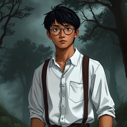 A young Asian male character around 26 years old, with notably darker tanned skin, straight hair, and round glasses