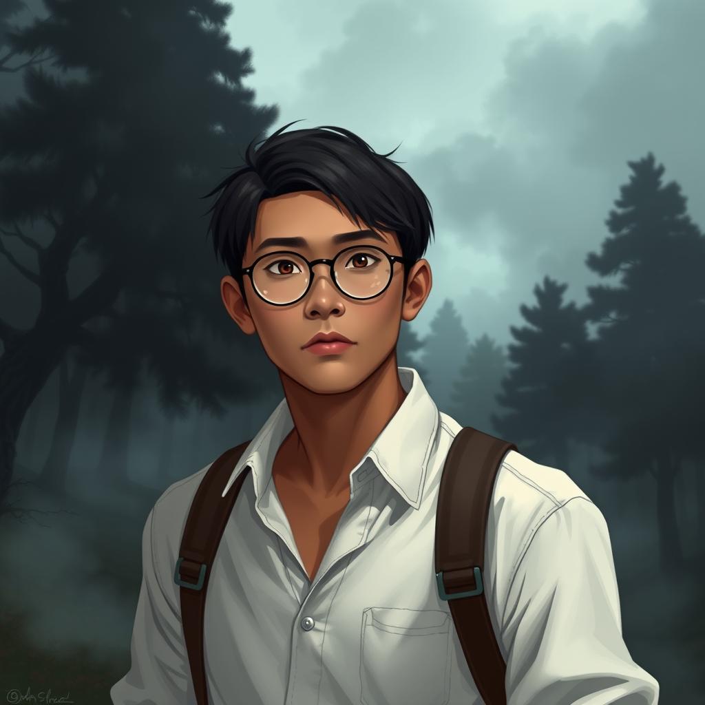 A young Asian male character around 26 years old, with notably darker tanned skin, straight hair, and round glasses