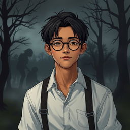 A young Asian male character around 26 years old, with notably darker tanned skin, straight hair, and round glasses