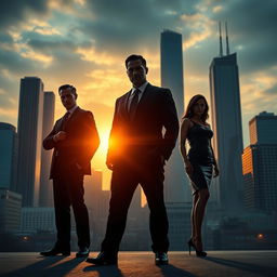 A dynamic business thriller scene set in Montreal, with a dramatic city skyline in the background showcasing tall buildings and a sunset glowing in the sky