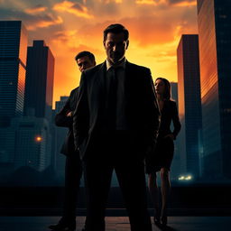 A dynamic business thriller scene set in Montreal, with a dramatic city skyline in the background showcasing tall buildings and a sunset glowing in the sky