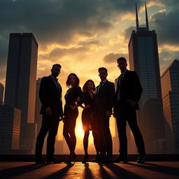 A dynamic business thriller scene set in Montreal, with a dramatic city skyline in the background showcasing tall buildings and a sunset glowing in the sky