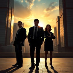 A dynamic business thriller scene set in Montreal, with a dramatic city skyline in the background showcasing tall buildings and a sunset glowing in the sky