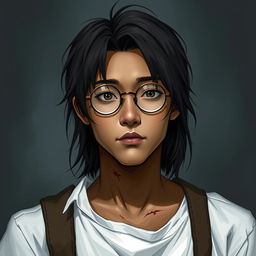 A young Asian man with brown skin, straight hair, and round glasses, depicted in a Dungeons & Dragons style