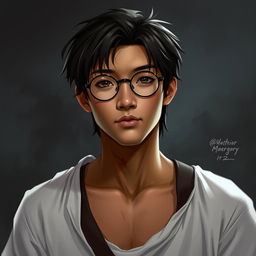 A young Asian man with brown skin, straight hair, and round glasses, depicted in a Dungeons & Dragons style