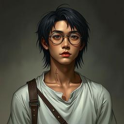 A young Asian man with brown skin, straight hair, and round glasses, depicted in a Dungeons & Dragons style