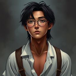 A young Asian man with brown skin, straight hair, and round glasses, depicted in a Dungeons & Dragons style