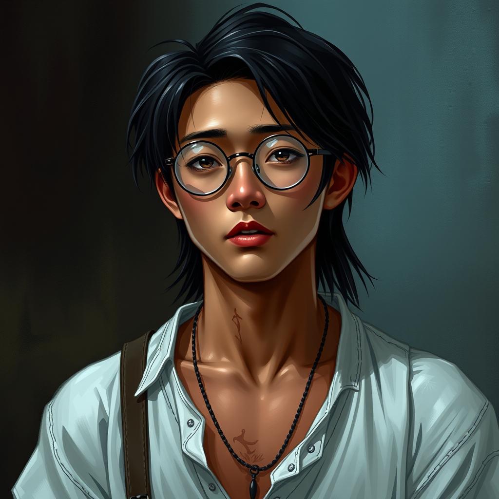 A young Asian man with dark brown skin, straight hair, and round glasses, depicted in a Dungeons & Dragons style