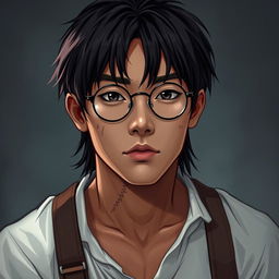 A young Asian man with dark brown skin, straight hair, and round glasses, depicted in a Dungeons & Dragons style