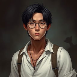 A young Asian man with dark brown skin, straight hair, and round glasses, depicted in a Dungeons & Dragons style