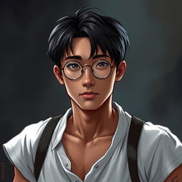 A young Asian man with dark brown skin, straight hair, and round glasses, depicted in a Dungeons & Dragons style