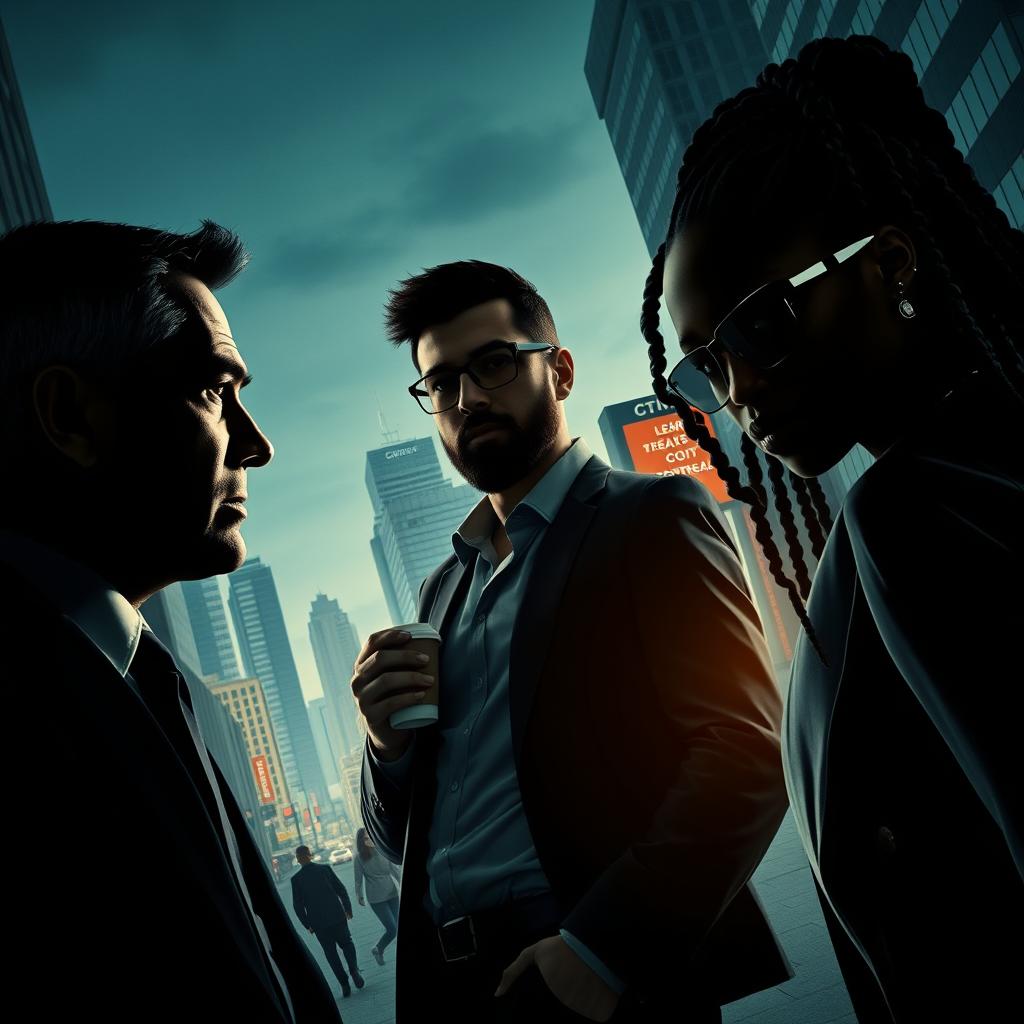 A dynamic business thriller scene set in Montreal showcasing a bustling city backdrop featuring iconic buildings and bustling streets
